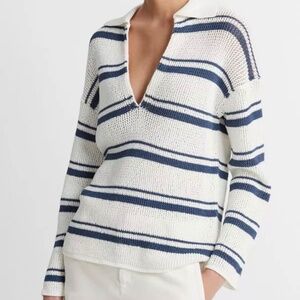 NWT Vince Striped Rack-Ribbed White Cotton Pullover Sweater Top Medium